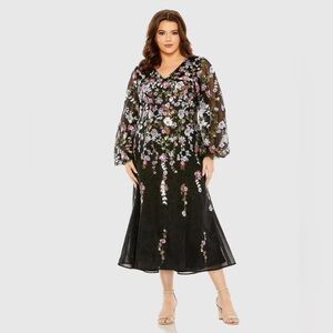 NWT $798 MAC DUGGAL Puff Sleeve Embellished A Line Dress FLORAL GOWN BLACK 20474